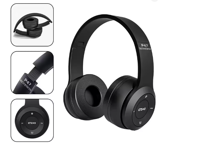 P47 Wireless Bluetooth Headphones – Handsfree Noise Cancelling Over-Ear Headset with Mic, Stereo Sound, Foldable Earphones Compatible with iPhone, Samsung S22, Huawei & More