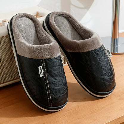 Pantoufles d'intérieur en cuir PU grandes tailles pour hommes, imperméables, plates, en fourrure, pour l'hiver, en coton, pour la chambre à coucher