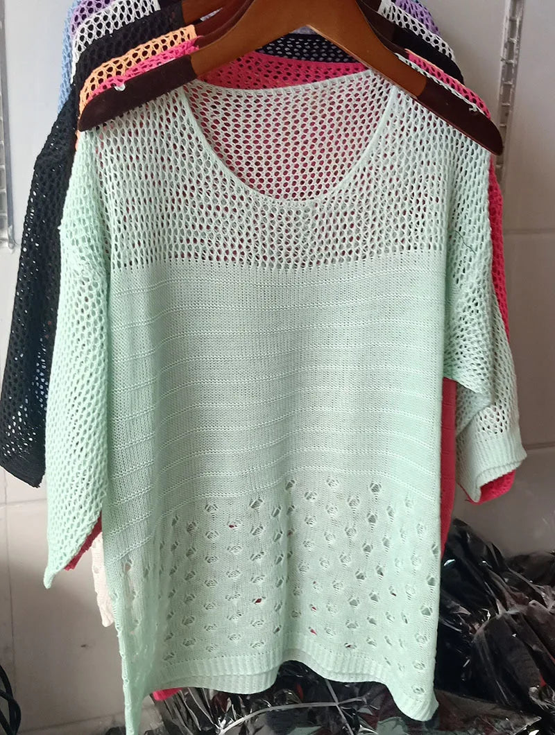 2022 new summer style loose cut out knitwear thin sun protection clothing women's round neck knitwear half-sleeved pullover