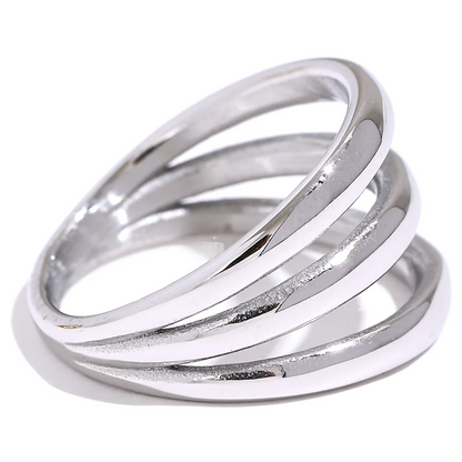 Yhpup Stainless Steel Geometric Hollow Layered Wide Ring Metal Texture Waterproof Daily Simple Stylish Golden Jewelry for Women