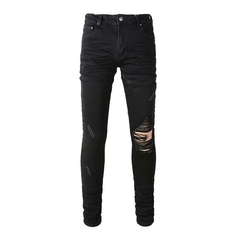 Jean Super Skinny Effet Vieilli Noir Coupe Slim Usé et Troué Extensible