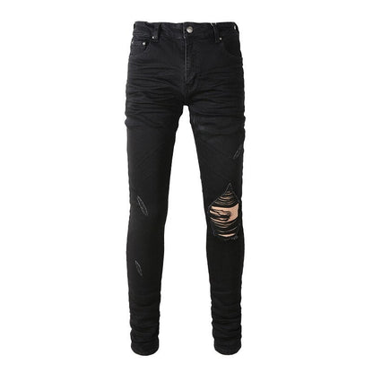 Jean Super Skinny Effet Vieilli Noir Coupe Slim Usé et Troué Extensible