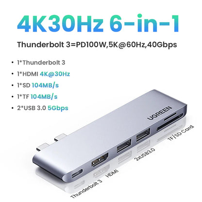 UGREEN Hub USB C 6-en-2 Type-C vers Thunderbolt 3 4K HDMI USB3.0 Adaptateur SD&TF pour MacBook Pro Air Station d'accueil Répartiteur USB-C