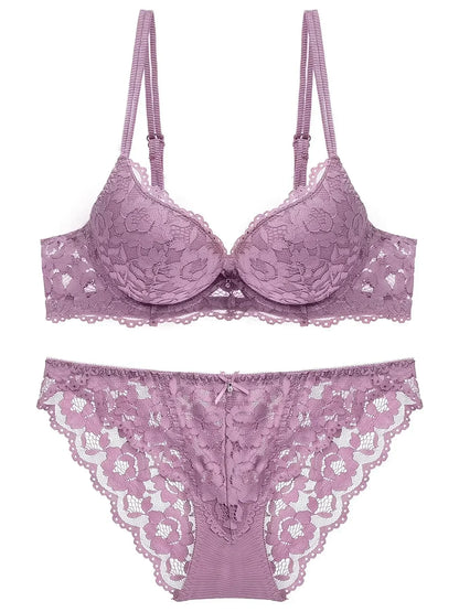 1 Set Elegant Erotic Lace Embroidery Breathable Fabric Lingeries : Push-Up Bra, Low Waist Sheer Panty - Ultimate Valentine's Day