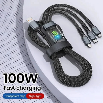 Luminous data cable 3 in1 mobile phone charging cable 100W fast charge braid typec data cable for iPhone Samsung Xiaomi Huawei