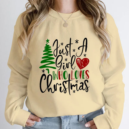 Just A Girl Who Loves Christmas Print Pullovers Women Fashion Pure Color Round Neck Hoodless Sweatshirt Autumn Winter Sweatshirt