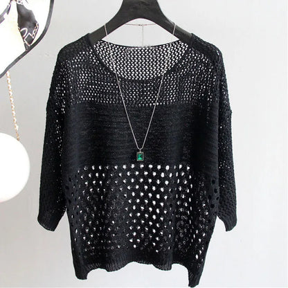 2022 new summer style loose cut out knitwear thin sun protection clothing women's round neck knitwear half-sleeved pullover