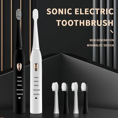 Jianpai Brosse à dents électrique acoustique classique noire et blanche pour adulte, 5 modes, chargement USB, étanche IPX7, électrique acoustique