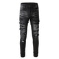 High Street Retro Black Gray Elastic Slim Fit Destroyed Ripped Jeans
