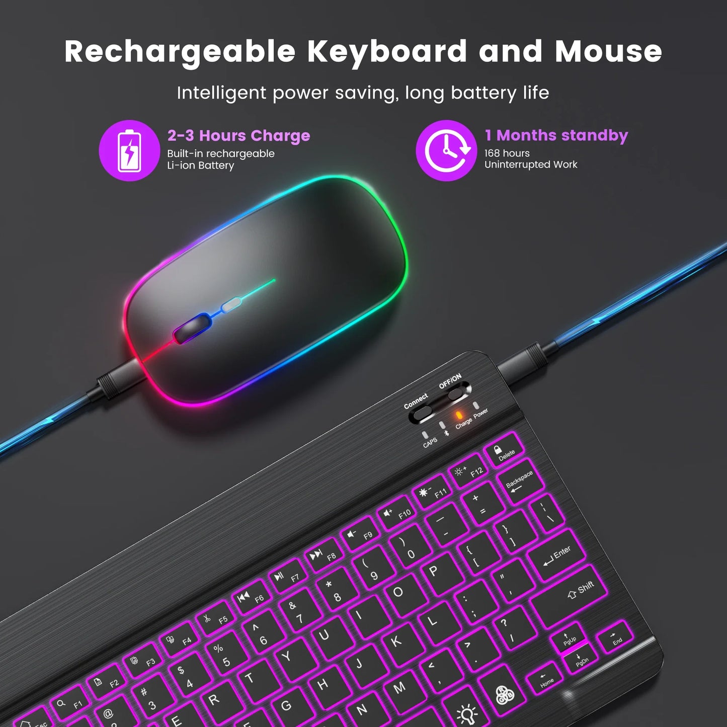 EMTRA Clavier et souris Bluetooth rétroéclairés pour iOS, Android, Windows, iPad, clavier portugais, clavier espagnol