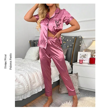 Women's Pajama Pocket Heart Embroidered Pajama Set Satin Comfortable Short Sleeve Button Pajama Lounge Pant For Women Sleepwear