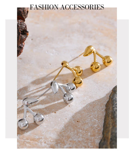 Yhpup 316L Stainless Steel Metal Chic Cherry Golden Stud Earrings Water Resistant Charm Fashion Jewelry 18K PVD Plated Wholesale