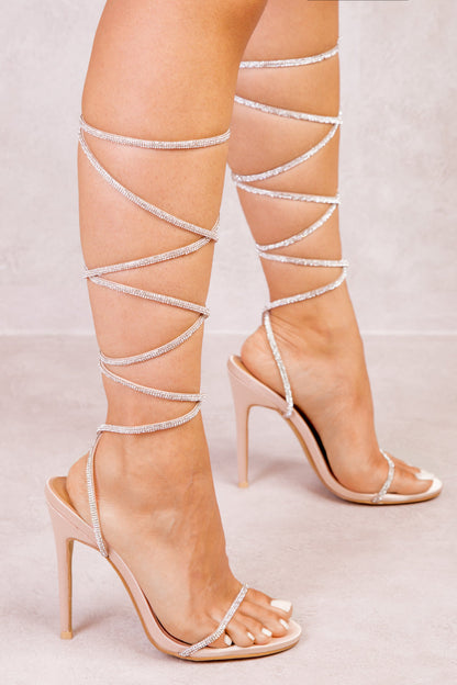 OPHELIA DIAMANTE STRAP LACE UP TIE LEG HIGH HEELS IN CHAMPAGNE GOLD SILK