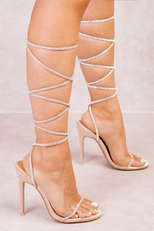 OPHELIA DIAMANTE STRAP LACE UP TIE LEG HIGH HEELS IN CHAMPAGNE GOLD SILK