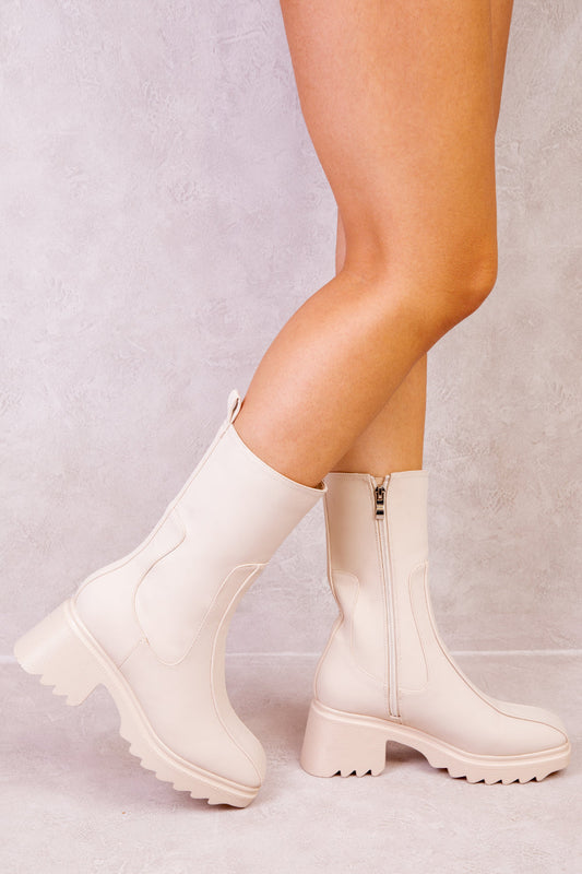 VIOLET CHUNKY BLOCK HEEL CHELSEA BOOT IN IVORY CREAM FAUX LEATHER