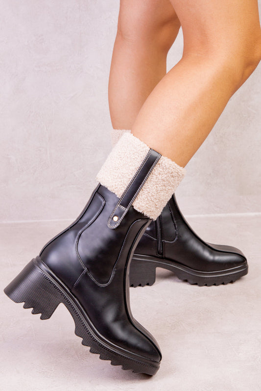 ELSIE CHUNKY BLOCK HEEL CHELSEA BOOT WITH FAUX FUR TRIM DETAIL IN BLACK