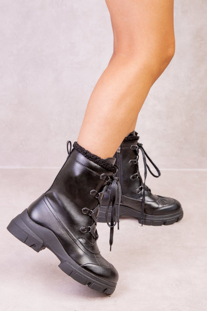 GILLIANE CHUNKY LACE UP ANKLE BOOT WITH FAUX FUR TRIM LINING IN BLACK
