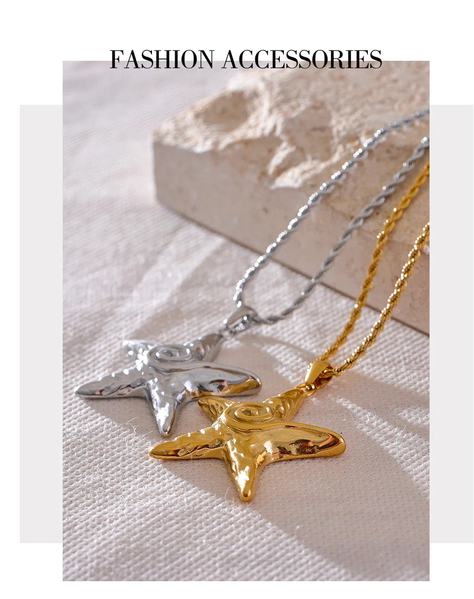 Yhpup 316L Stainless Steel Starfish Pendant Necklace Rust Proof Statement 18K Gold PVD Plated Individualistic Holiday Jewelry