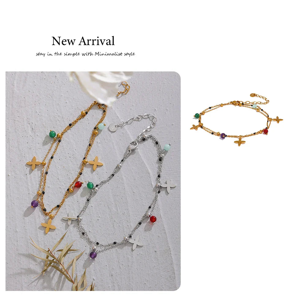 Yhpup Colorful Natural Stone Bead Flower Chain Stainless Steel Beach Anklet for Women Exquisite Summer Jewelry Bijoux Femme