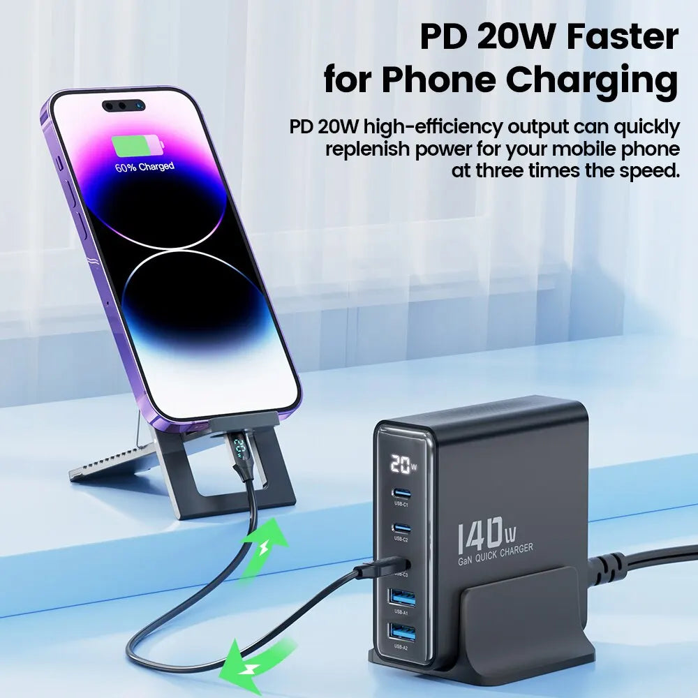Chargeur USB Toocki 140W GaN 5-en-1 de bureau à charge rapide Type C avec affichage LED pour iPhone Xiaomi Smartphone Ordinateur portable