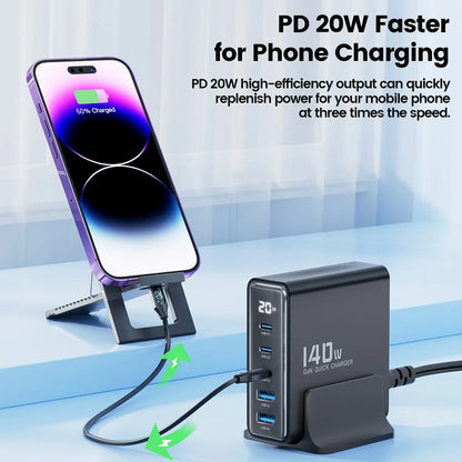 Chargeur USB Toocki 140W GaN 5-en-1 de bureau à charge rapide Type C avec affichage LED pour iPhone Xiaomi Smartphone Ordinateur portable