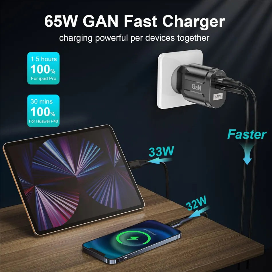USLION 65W GaN USB C Charger Quick Charge Korea EU US Plug PD USB-C TypeC Fast USB Charger For iPhone 14 Xiaomi Samsung Macbook