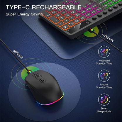 Wireless Keyboard and Mouse Combo with Backlit Full Size Ergonomic Keyboard with Phone Tablet Holder 2.4G Mouse for PC Laptop