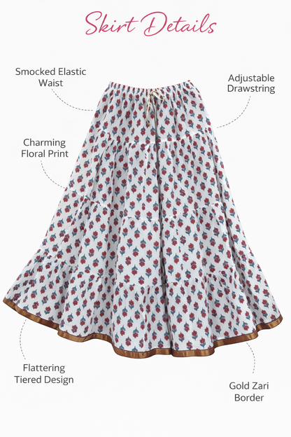 Blackfever White Floral Printed Tiered Cotton Maxi Skirt – Boho Free Size with Gold Border – Free Size