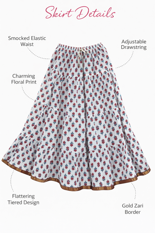 Blackfever White Floral Printed Tiered Cotton Maxi Skirt – Boho Free Size with Gold Border – Free Size