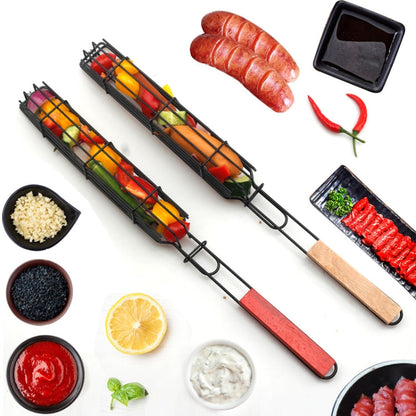 2 PCS Hot Dog Barbecue Cage Sausage Barbecue Clip Barbecue Clip Mesh Wooden Handle Barbecue Mesh Rack, Color:Wood color