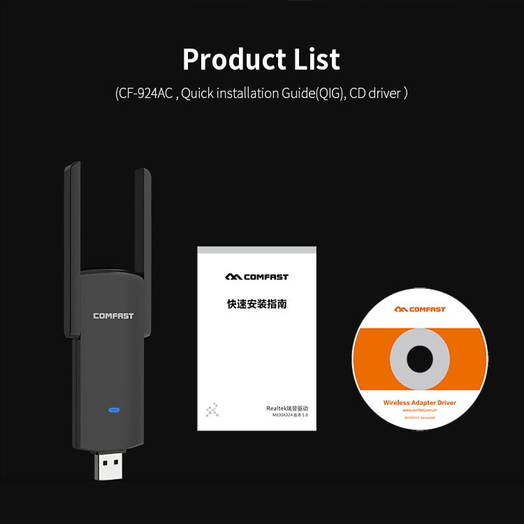COMFAST CF-924AC V2 Récepteur WIFI USB Double Fréquence Gigabit 1200Mbps pour Ordinateur, Carte Réseau sans Fil Haute Puissance