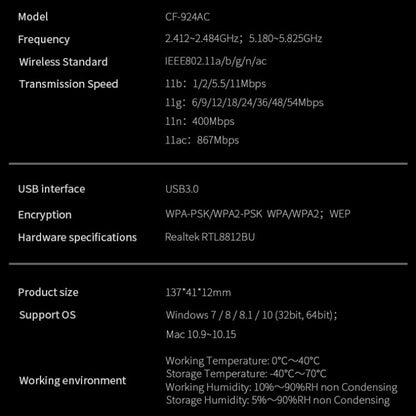 COMFAST CF-924AC V2 Récepteur WIFI USB Double Fréquence Gigabit 1200Mbps pour Ordinateur, Carte Réseau sans Fil Haute Puissance