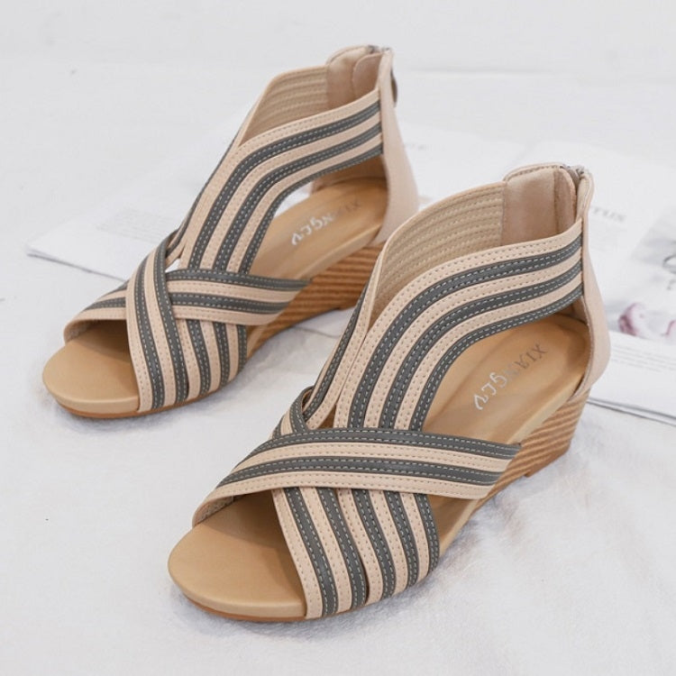 Women Summer Slope Heel Sandals Fashion Bohemian Style Fish Mouth Shoes, Size: 38(Apricot)