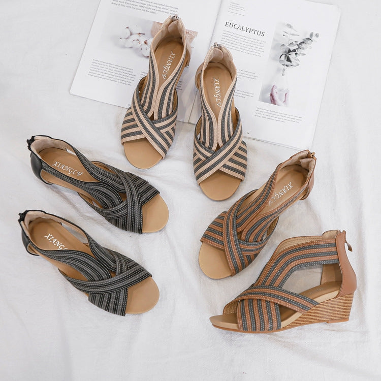Women Summer Slope Heel Sandals Fashion Bohemian Style Fish Mouth Shoes, Size: 38(Apricot)