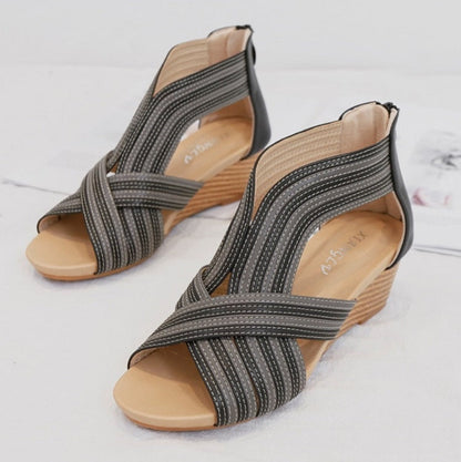 Women Summer Slope Heel Sandals Fashion Bohemian Style Fish Mouth Shoes, Size: 42(Black)