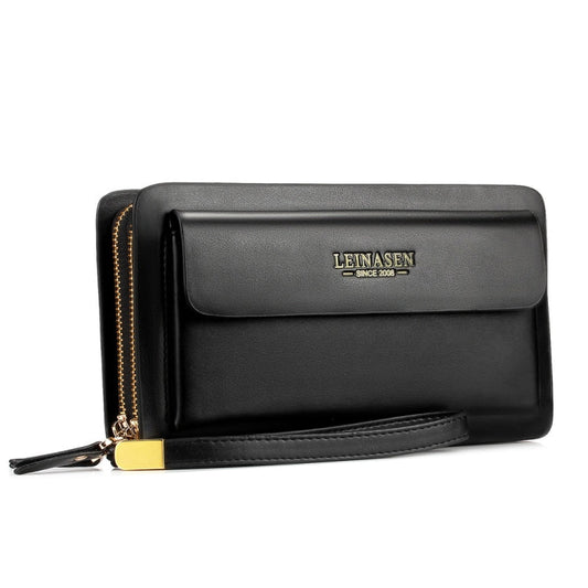 LEINASEN A82 Handbag Men Business Clips Long Big Capacity Casual Multi-Card Zipper(Black)