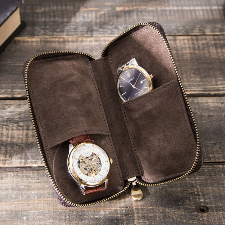 Contacts Family  CF1114 Leather Watch Box Retro Crazy Horse Leather Zipper Couple Watch Bag(Coffee)