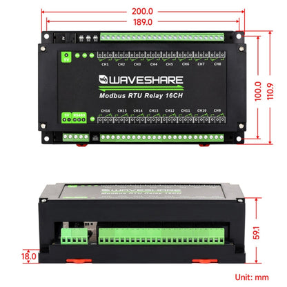 Waveshare 24921 Modbus RTU 16-Ch Relay Module, RS485 Interface, With Multiple Isolation Protection Circuits