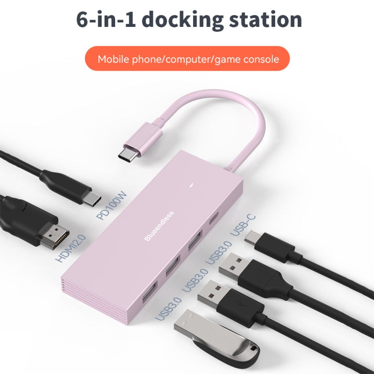 Blueendless 4K60Hz + Data Port Type-C Docking Station USB3.0 Splitter, Spec: 6-in-1 Blue