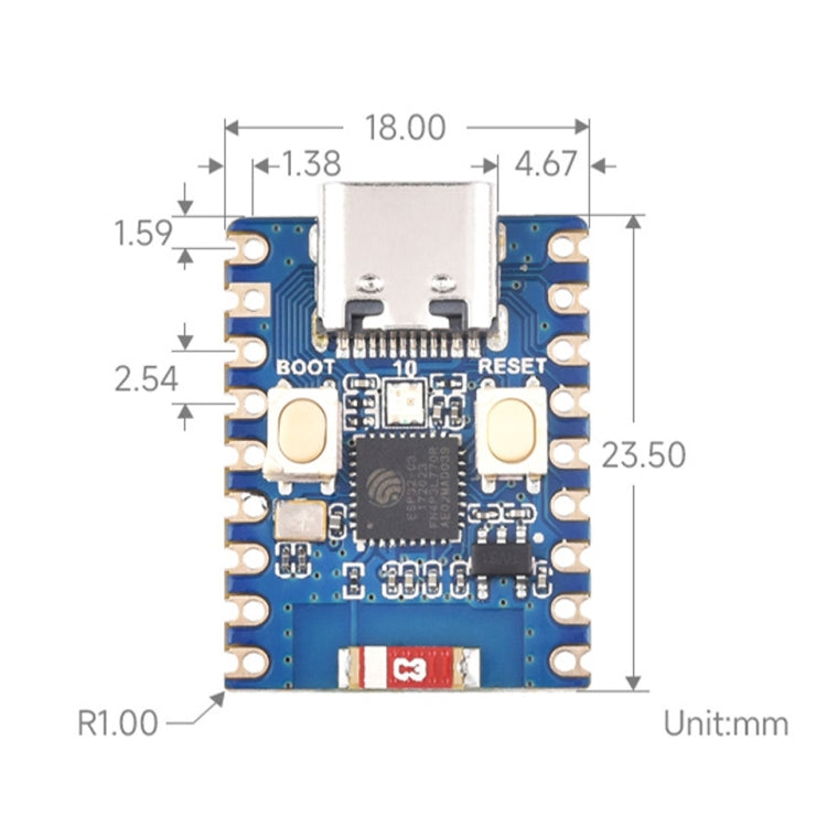 Waveshare 2.4GHz ESP32-C3 Mini Development Board, Based ESP32-C3FN4 Single-core Processor without Header