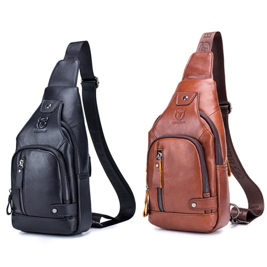 BULL CAPTAIN 129 Sac de Poitrine Souple en Cuir de Vache Première Couche pour Homme, Sac Messager Décontracté d'Extérieur (Noir)