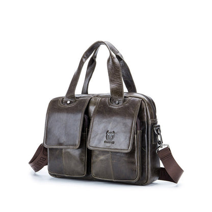BULL CAPTAIN 042 Men Leather Single-shoulder Messenger Bag Cowhide Handheld Briefcase(Iron Cyan)