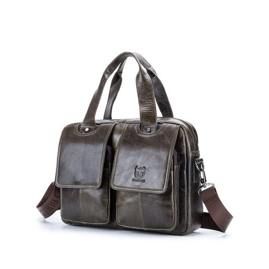 BULL CAPTAIN 042 Men Leather Single-shoulder Messenger Bag Cowhide Handheld Briefcase(Iron Cyan)
