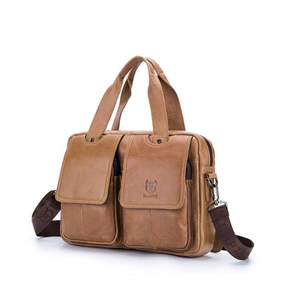 BULL CAPTAIN 042 Men Leather Single-shoulder Messenger Bag Cowhide Handheld Briefcase(Yellow Brown)