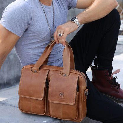 BULL CAPTAIN 042 Men Leather Single-shoulder Messenger Bag Cowhide Handheld Briefcase(Iron Cyan)