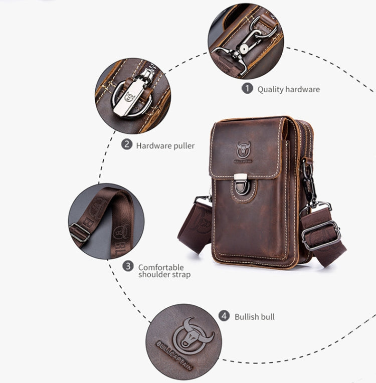 BULL CAPTAIN 075 Men Belt Phone Waist Bag First-Layer Cowhide Multi-Function Diagonal Bag(Black)