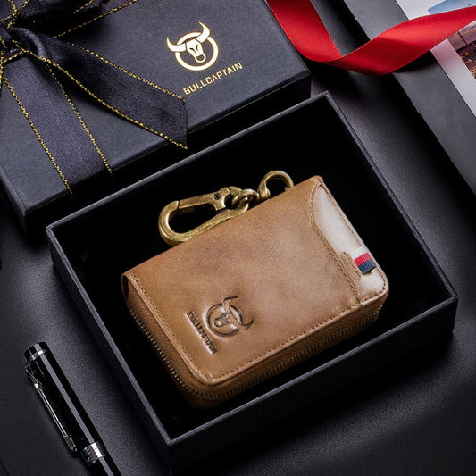 BULL CAPTAIN 474 Multifunctional Leather Coin Purse Hanging Waist Anti-Brush Key Bag, Colour: Yellow Brown Gift Box