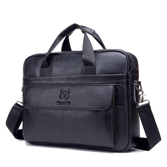 BULL CAPTAIN 046 Men Leather Briefcase First-Layer Cowhide Computer Handbag(Black)