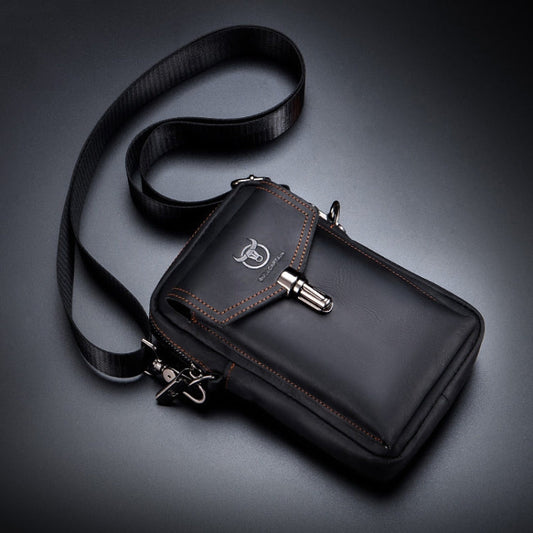 BULL CAPTAIN 076 Retro Leather Mobile Phone Waist Bag Men Leather Messenger Bag(Black)