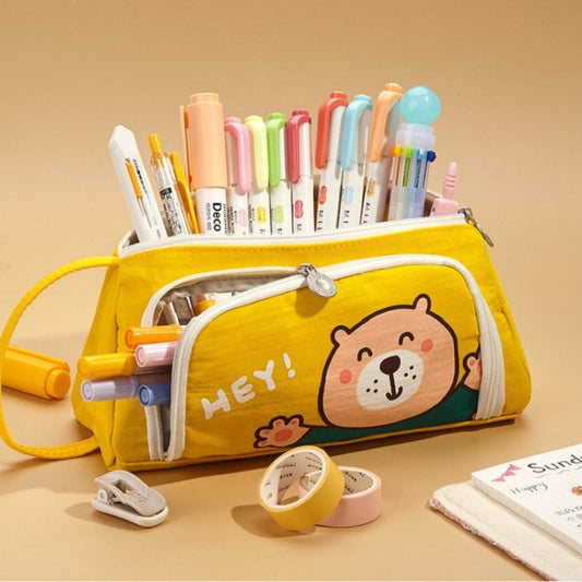 Angoo Canvas Large-Capacity Stationery Case With Side Window Student Pencil Storage Bag(Beckoning Bear)